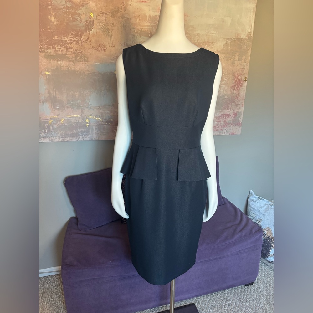 Tahari Dark Blue Denim Peplum Sheath Midi Dress Size 12